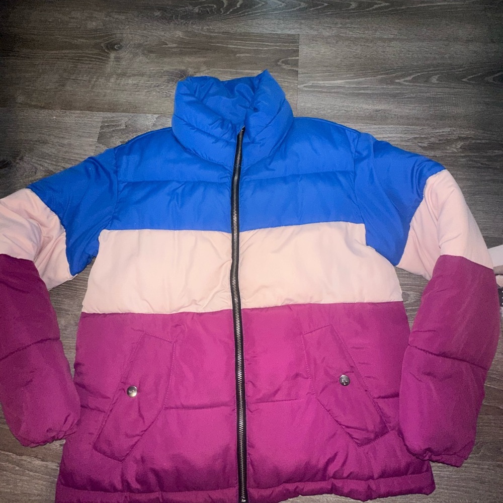 Colorblock Puffer Jacket - Blue, Pink, Purple